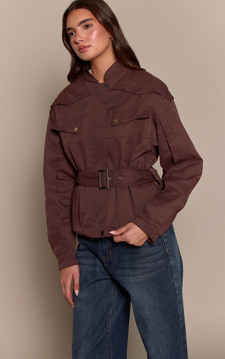 Chocolate Plum Pocket Seam Detail Belted Utility Jacket