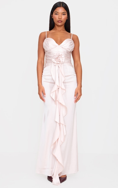 Champagne Satin Corsage Detail Strappy Maxi Dress