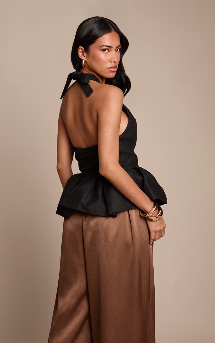 Black Woven Halterneck Peplum Top image 2