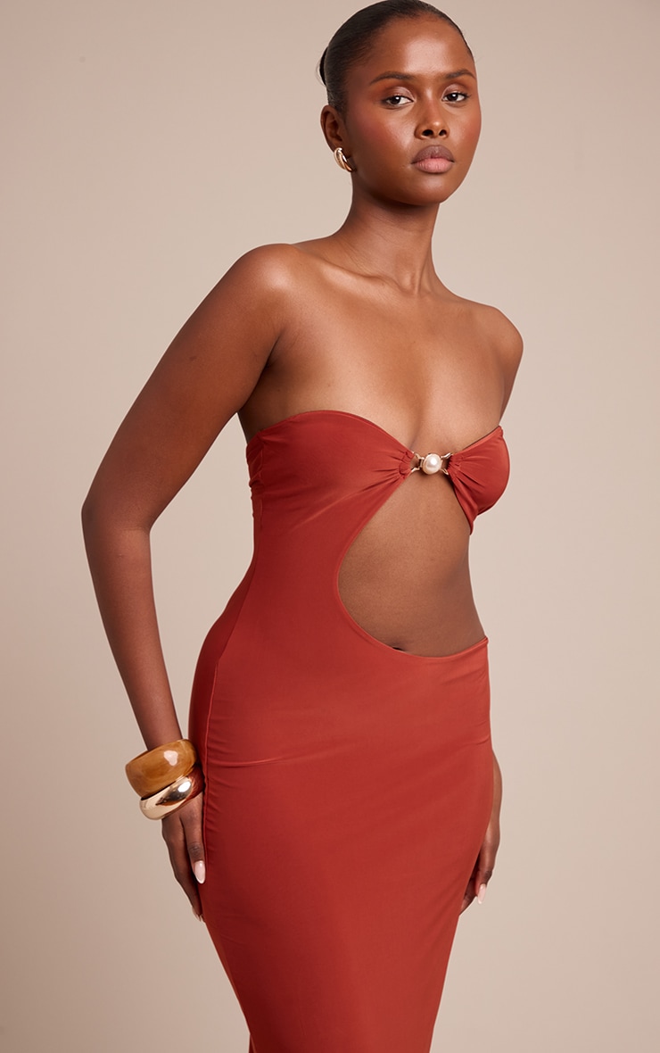 Rust Slinky Trim Detail Cut Out Maxi Dress image 4