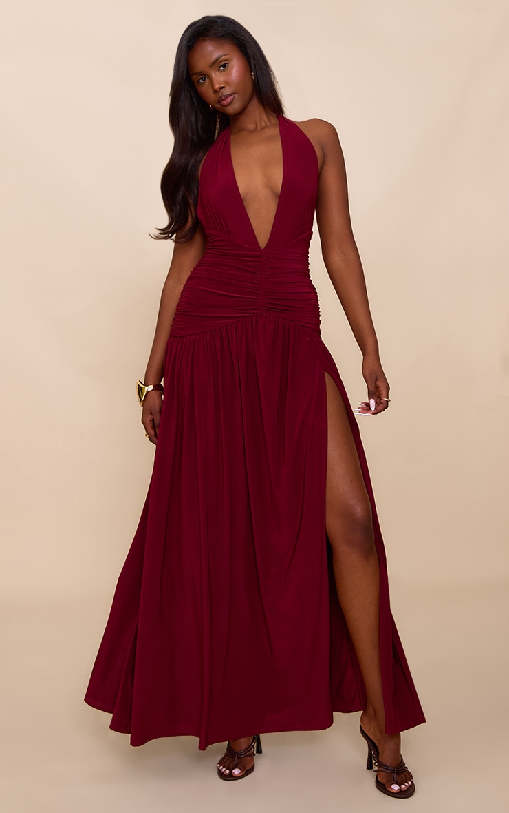 Burgundy Double Layer Slinky Ruched Maxi image 1