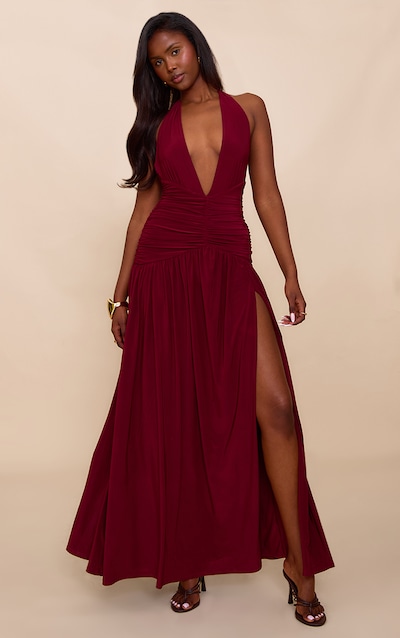 Robe longue moulante doublée bordeaux à détails froncés