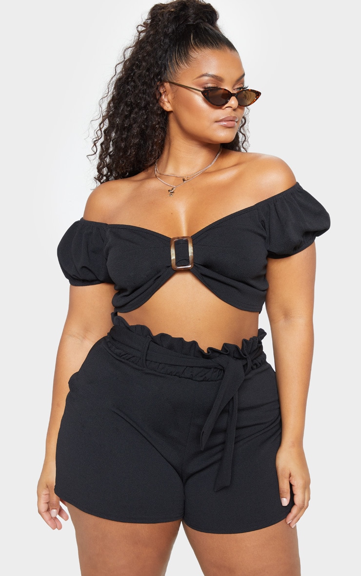 Plus Black Tortoise Buckle Bardot Puff Sleeve Crop Top image 1