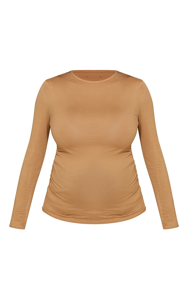 Maternity  Camel Basic Crew Neck Fitted T Shirt image 5