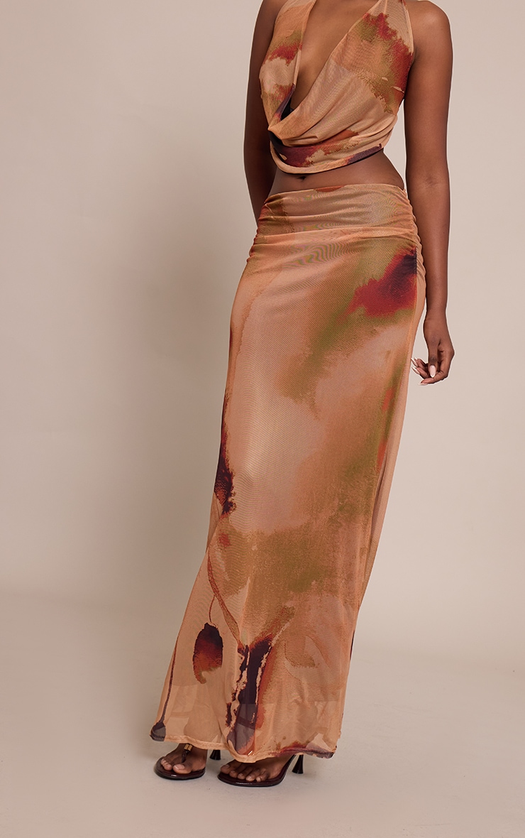 Camel  Abstract Print Mesh Maxi Skirt image 2