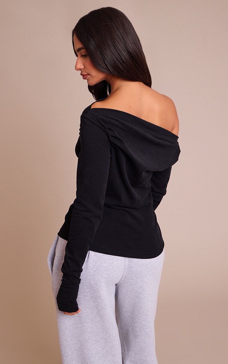 Petite Top asymétrique en coton doux noir froncé à manches longues image 2