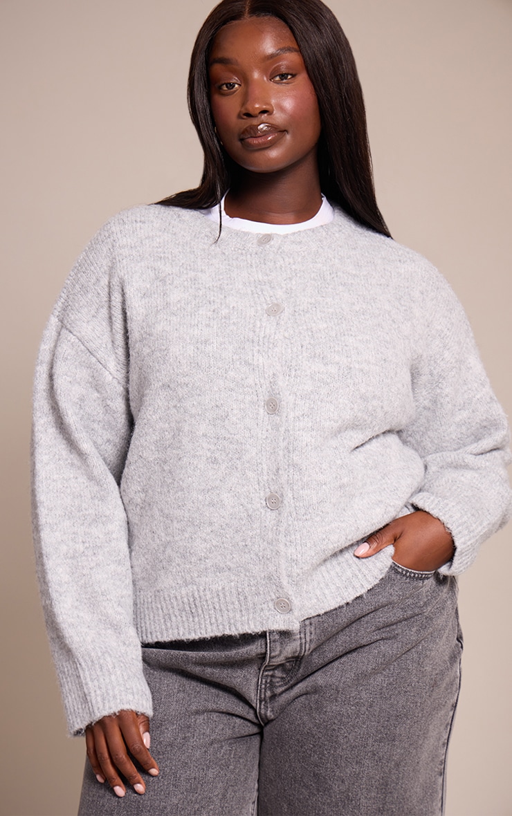 Plus Light Grey Brushed Oversized Detail Round Neck Cardigan image 1