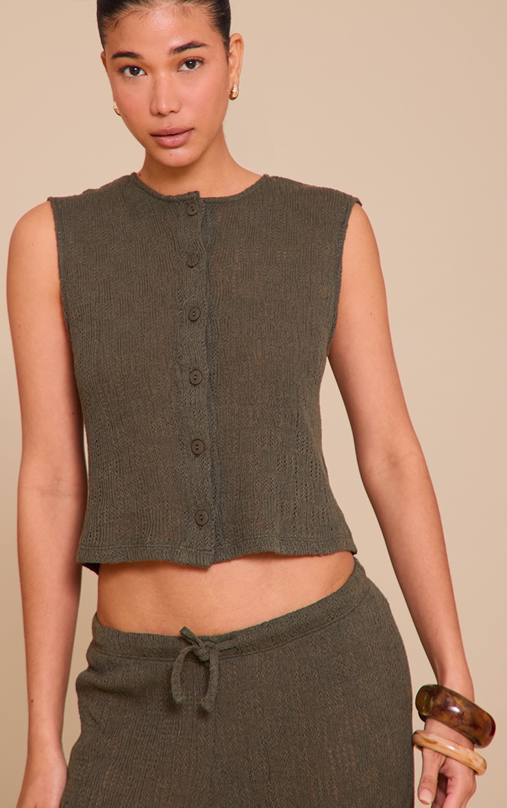 Khaki Textured Button Up Vest image 4