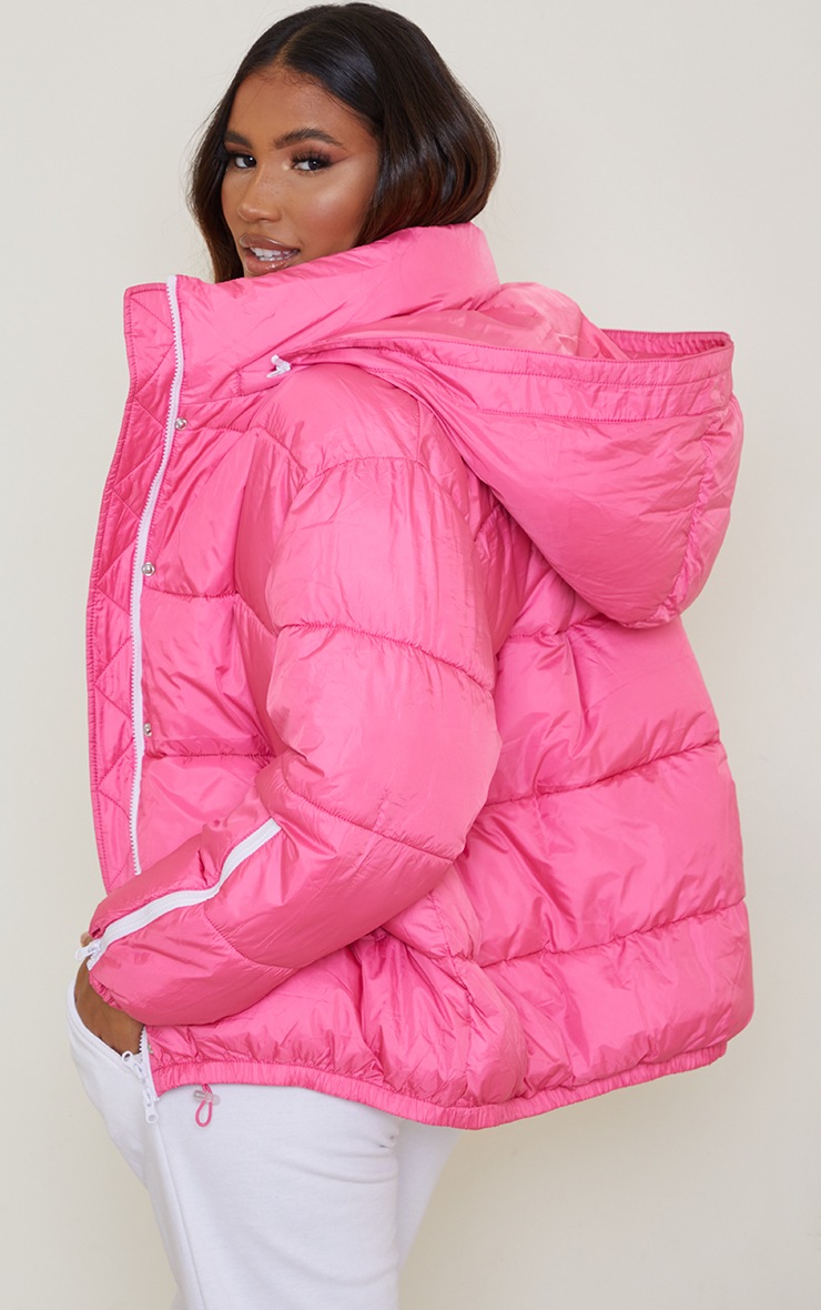 Pink Nylon Oversized Zip Sleeve Puffer Jacket