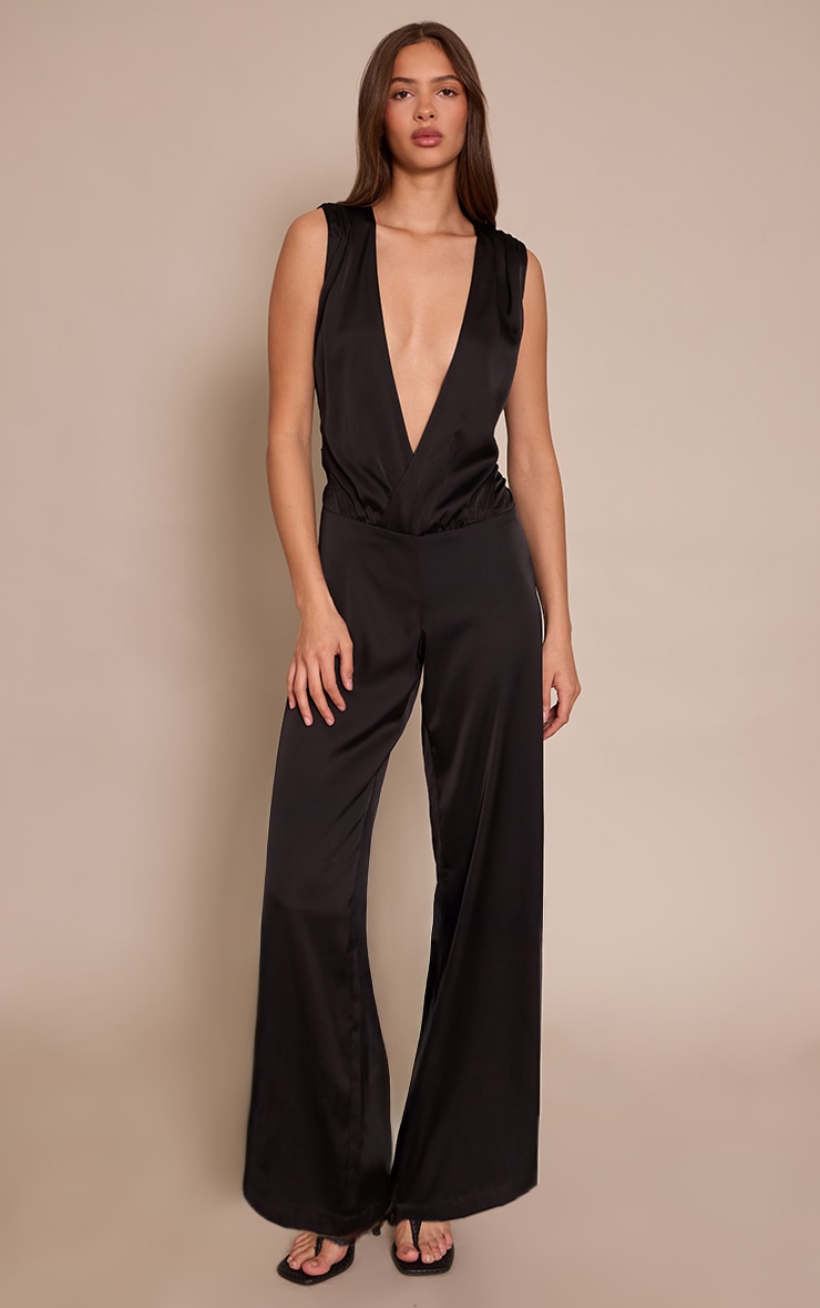 Black Satin Plunge Dropped Waist Jumpsuit image 1
