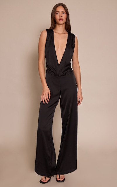 Black Satin Plunge Dropped Waist Jumpsuit