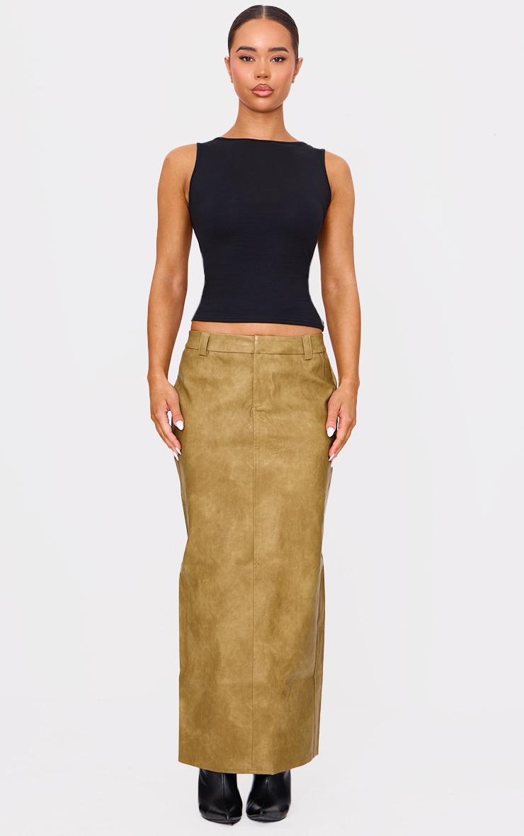 Premium Olive Washed Faux Leather Maxi Skirt image 1