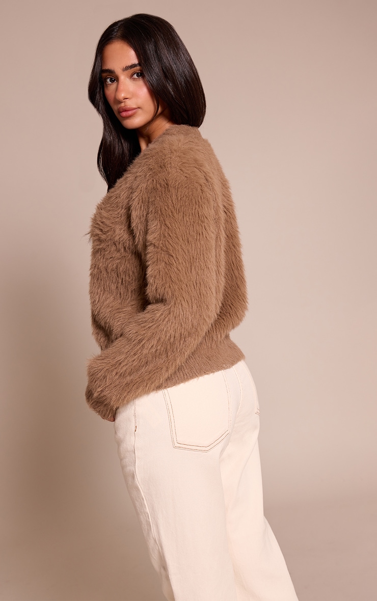 Petite Taupe Fluffy Knit V Neck Cardigan image 2