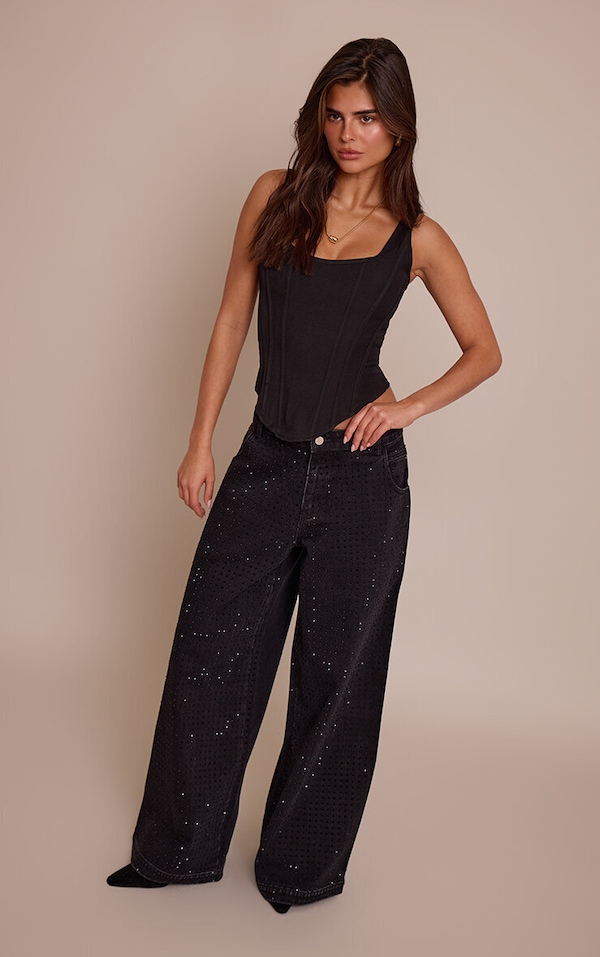 Jean denim noir décontracté taille basse Hotfix large