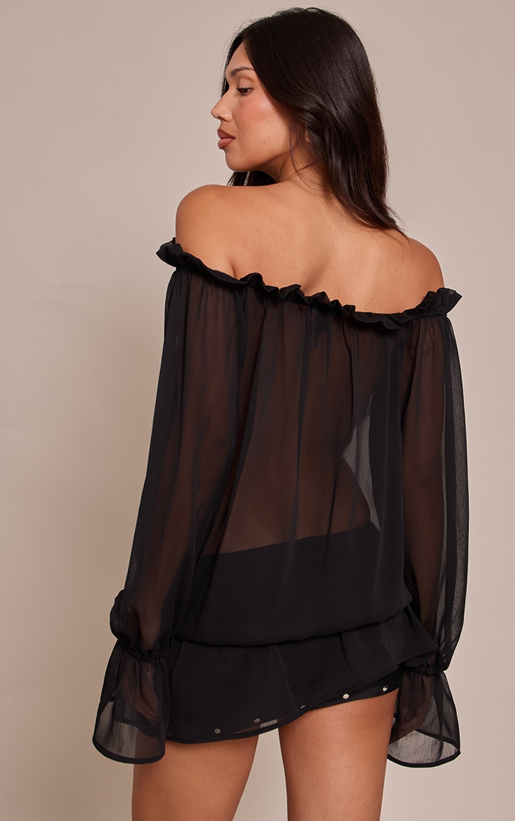Black Chiffon Lace Up Detail Bardot Long Sleeve Top image 2