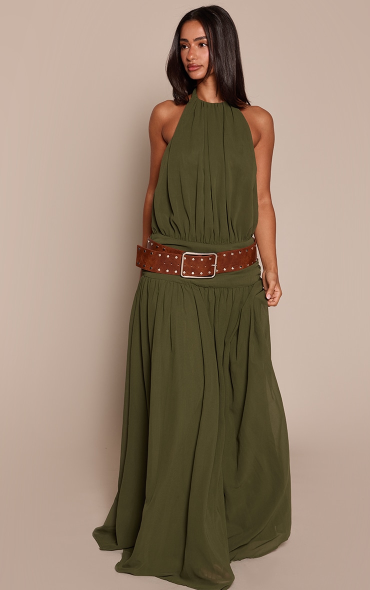 Petite Olive Wrap Waist Ruched Chiffon Flowy Maxi Dress  image 1