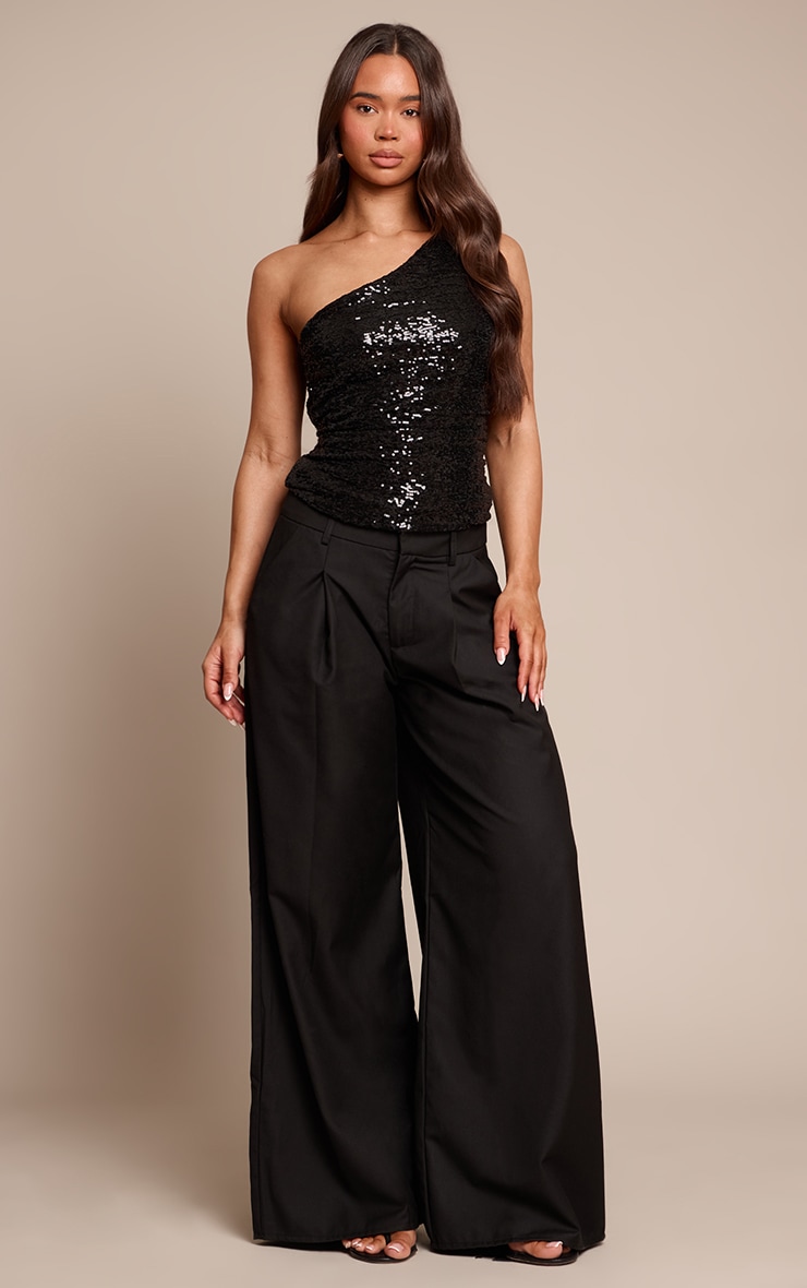 Black Sequin One Shoulder Detail Long Top image 3