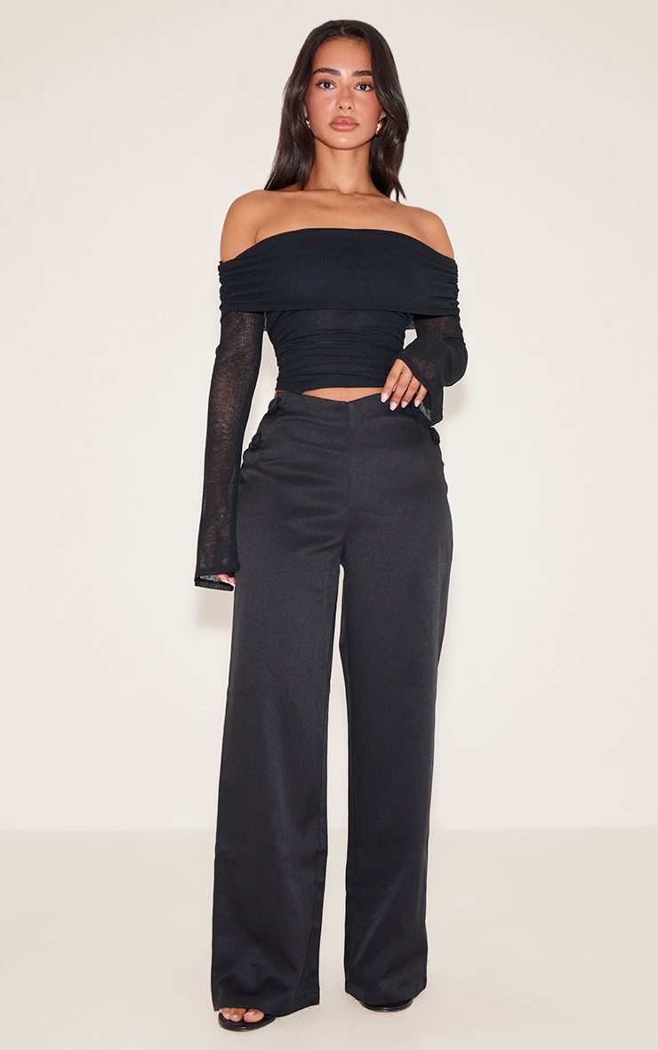 Petite Black Textured Long Sleeve Bardot Top image 3