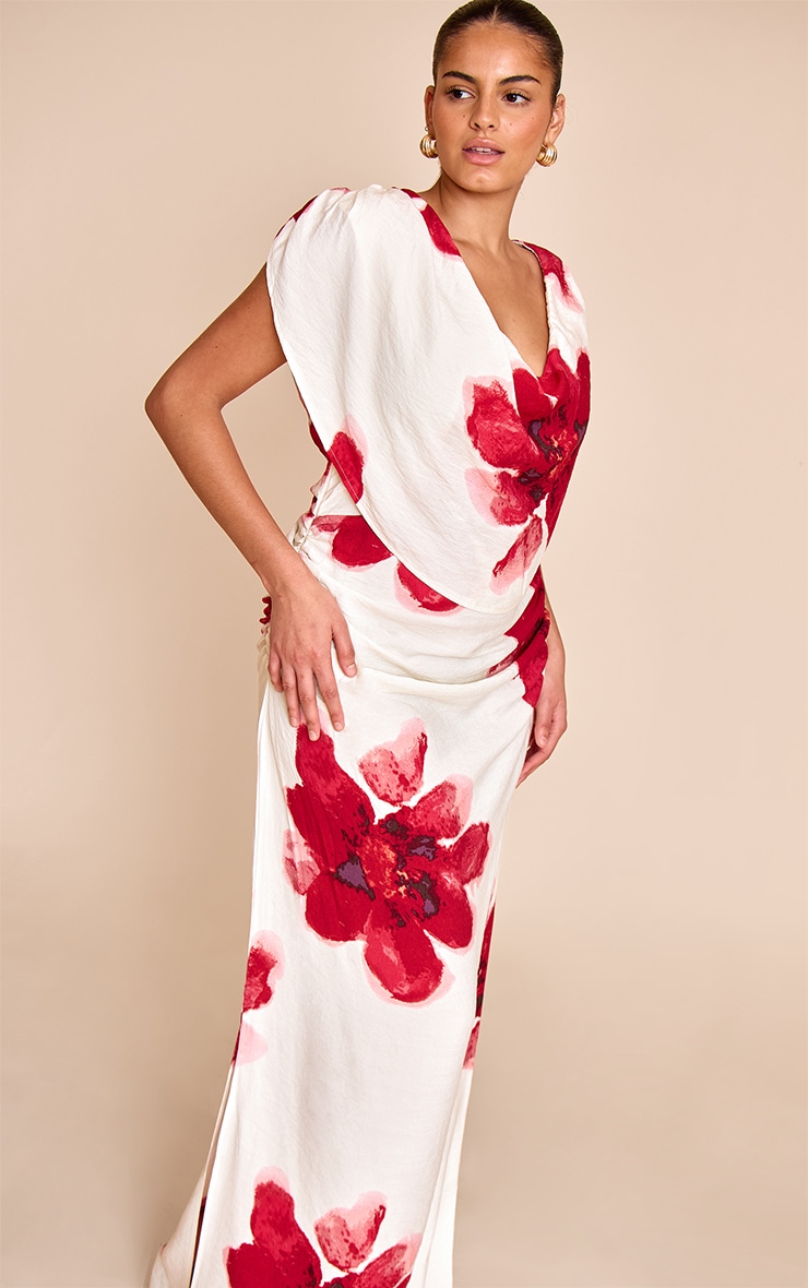 Plus Red Printed Extreme Cowl Ruched Detail Maxi Dress image 2