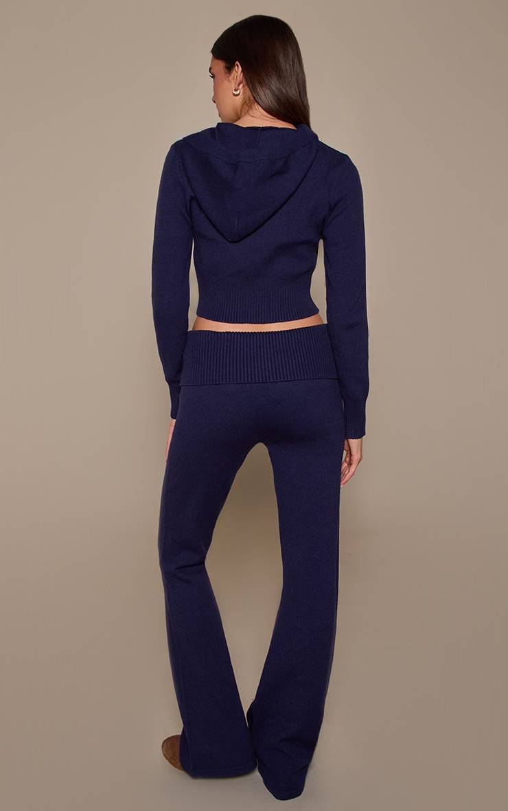 Navy Fold Over Waist Band Flared Knitted Pants image 3