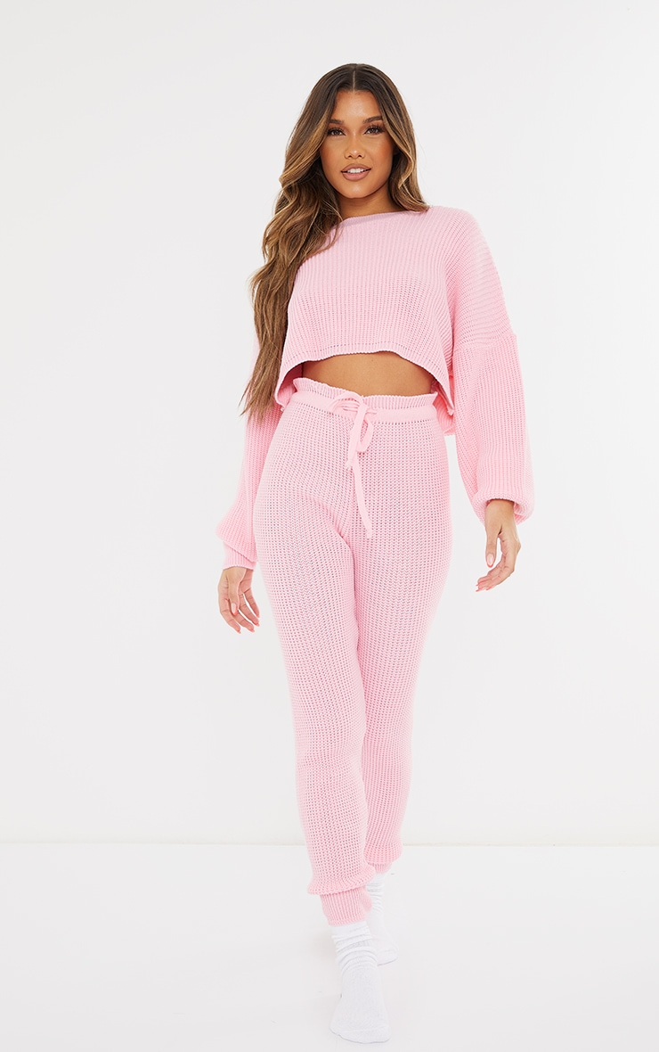 Ensemble en maille gaufrée rose tendre pull court & legging resserré à la taille