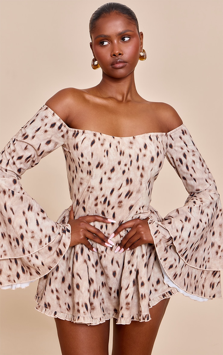 Brown Abstract Print Bardot Flare Sleeve Playsuit image 1