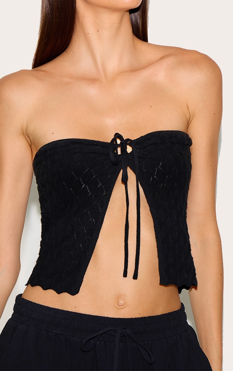 Black Textured Crochet Knit Bandeau Open Top image 4