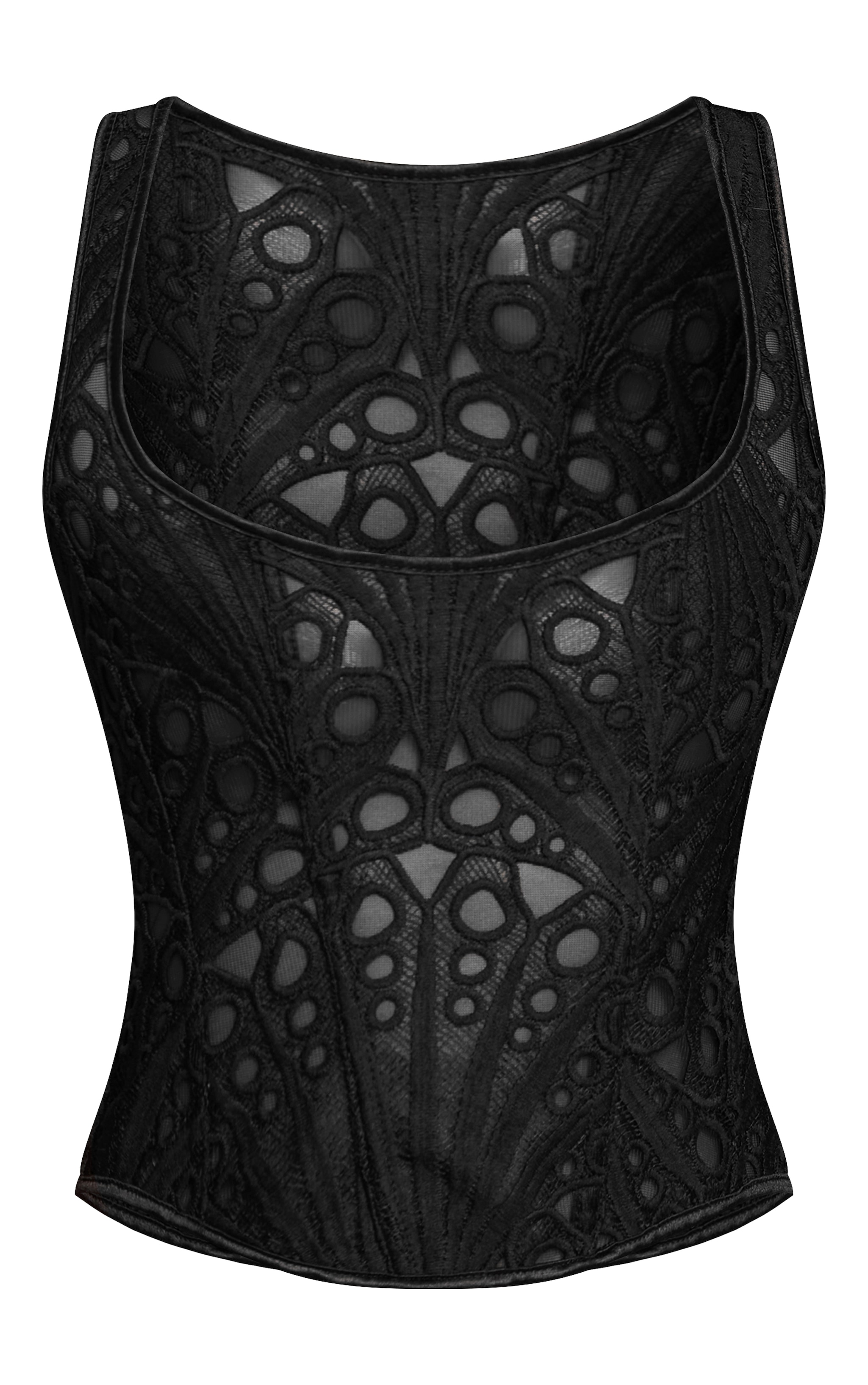 Black Textured Sheer Floral Square Neck Lace Up Corset image 5