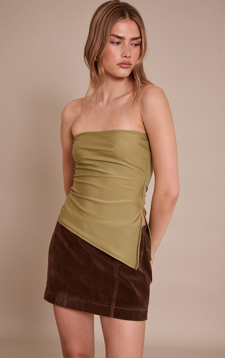 Olive Contour Slinky Bandeau Asymmetric Split Hem Longline Top