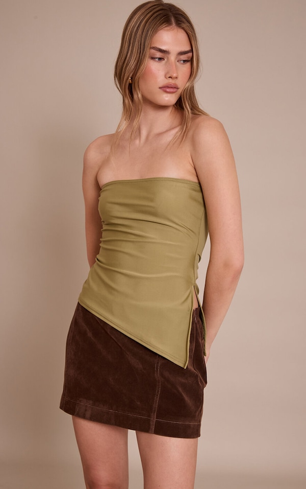 Top bustier long moulant vert olive à détail contours et ourlet fendu