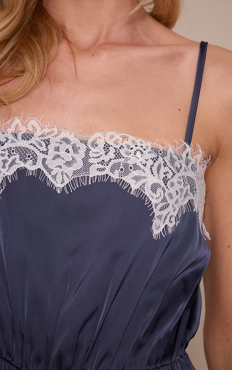 Navy Satin Spaghetti strap Contrast Lace Romper image 4