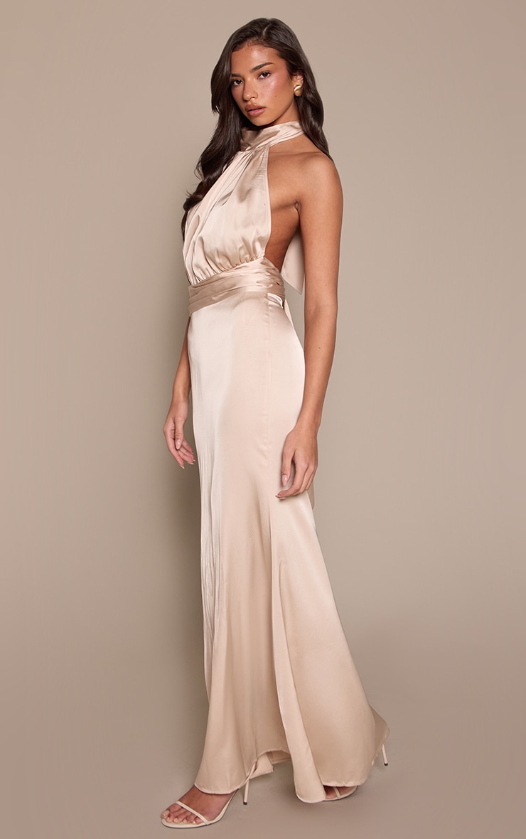 Cream High Neck Tie Detail Satin Maxi Dress image 3