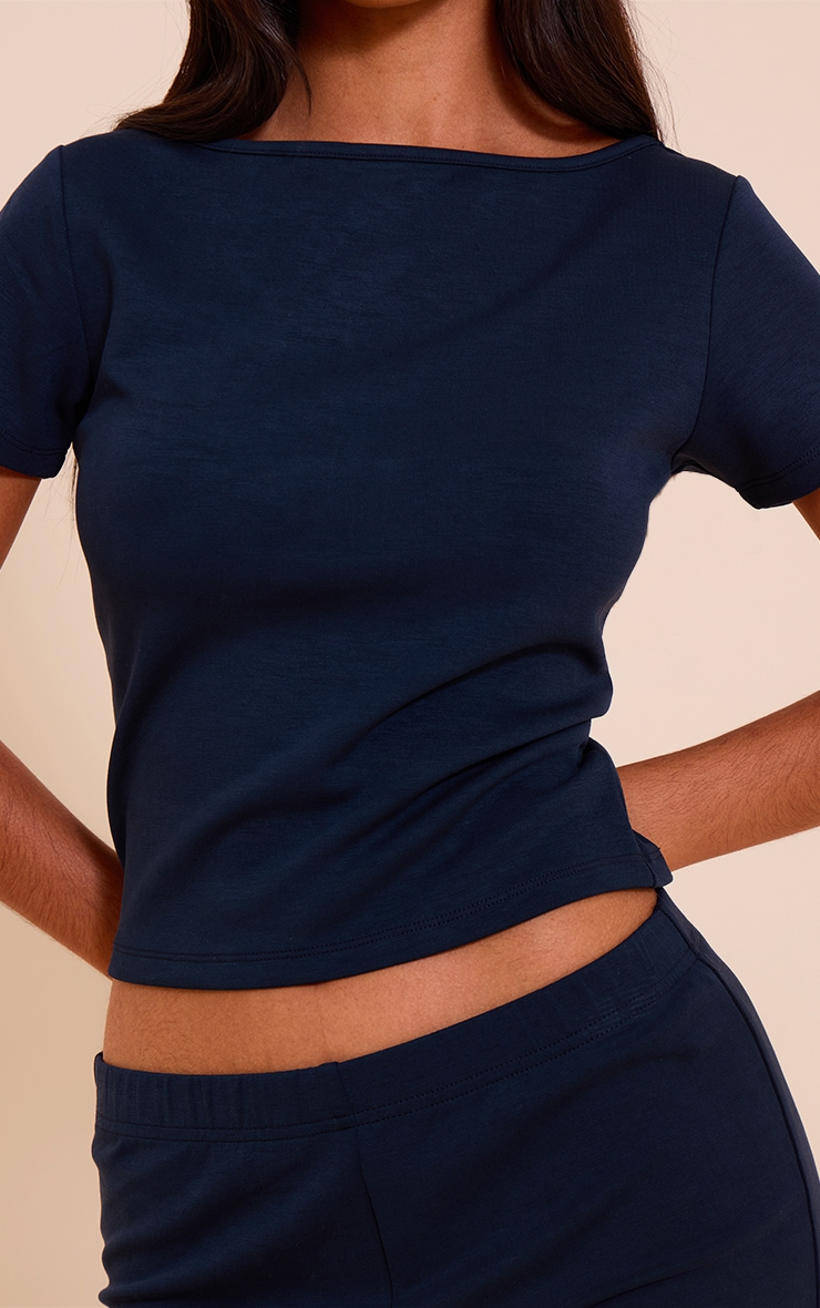 Petite Navy Modal Short Sleeve Boatneck Neck Fitted Top image 4