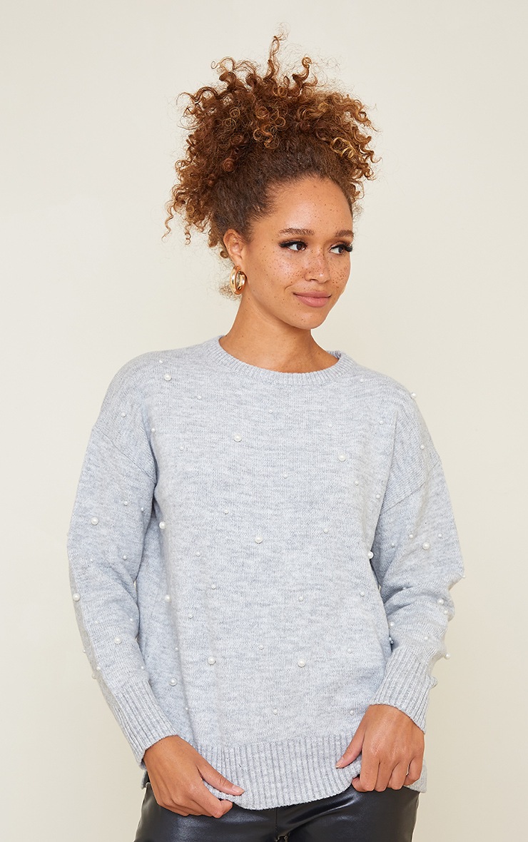 Light Grey Scattered Pearl Embellished Sweater