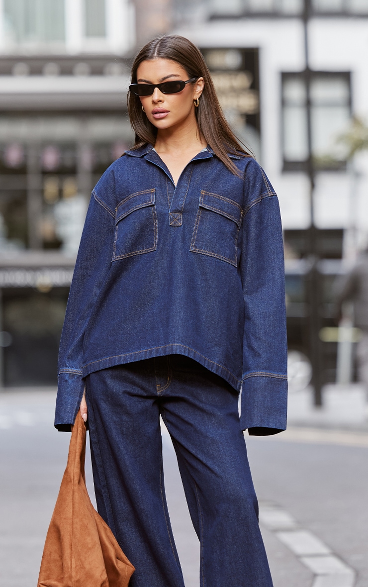 Jean large indigo à taille haute et coutures contrastantes image 4