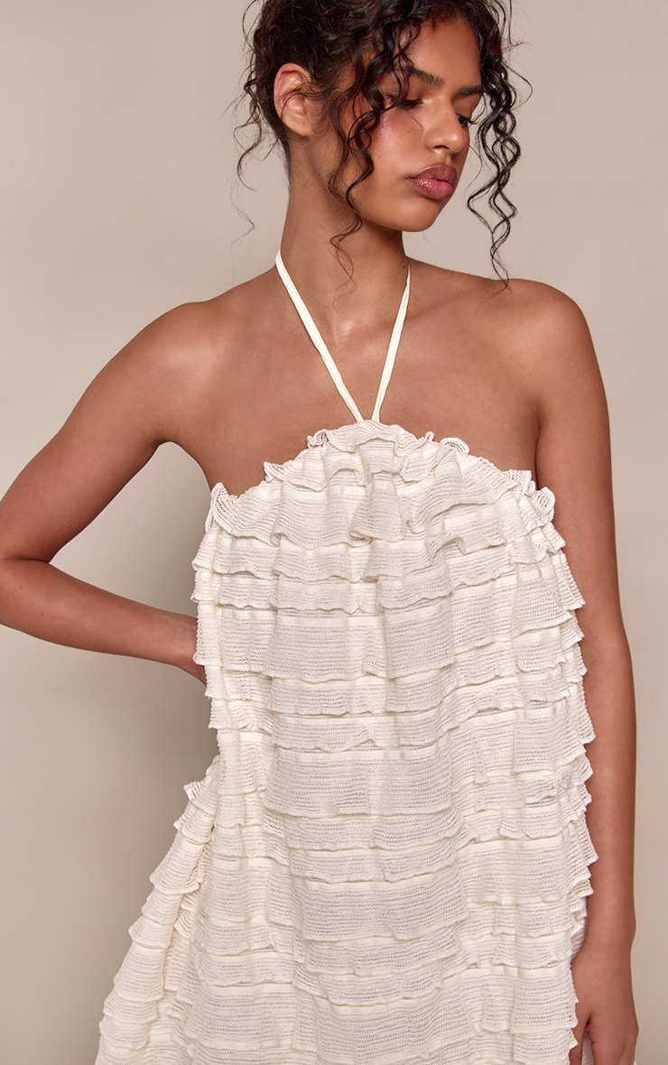 Cream Textured Tiered Halterneck Shift Dress