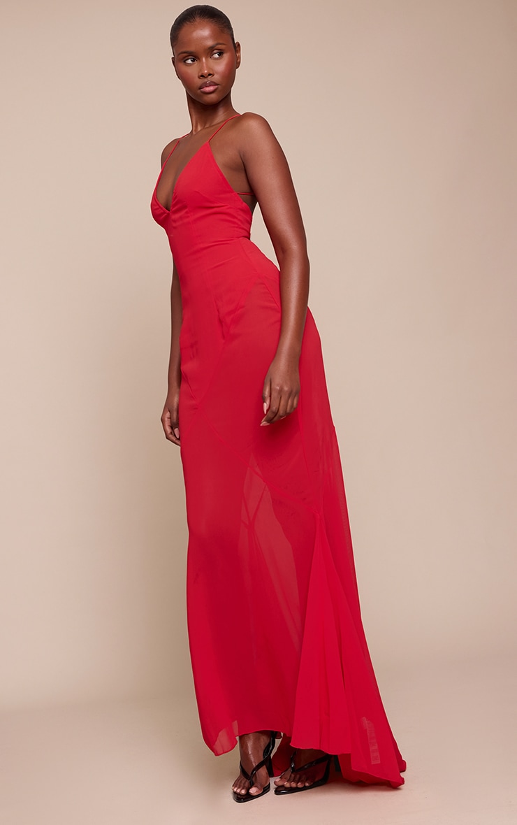 Robe longue en mousseline de soie rouge à col en V image 3