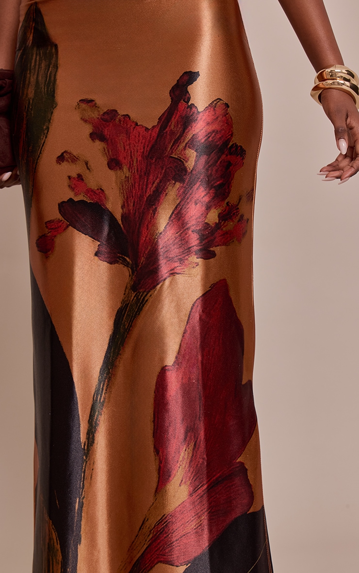 Blush Floral Print Stretch Satin Maxi Skirt image 4