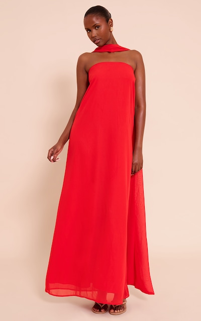 Robe bustier droite en mousseline de soie rouge à détail foulard