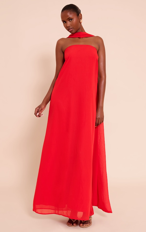 Red Chiffon Scarf Detail Bandeau Column Dress