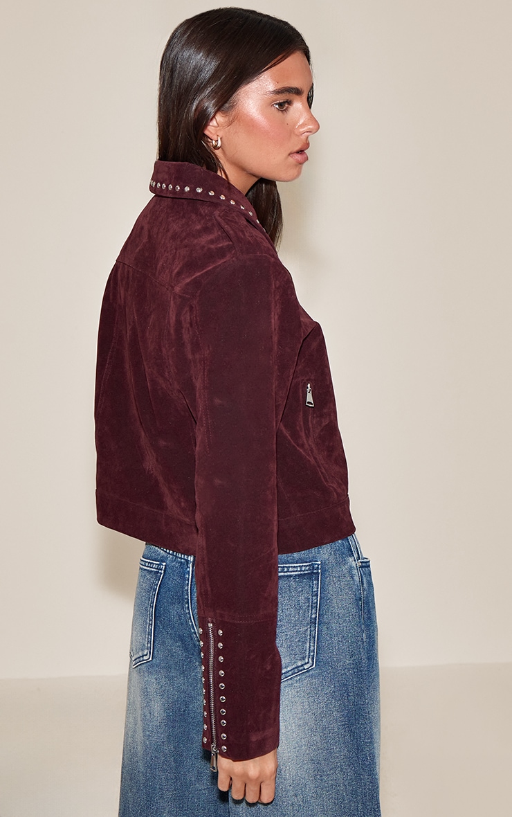 Burgundy Studded Detail Faux Suede Zip Up Jacket image 2