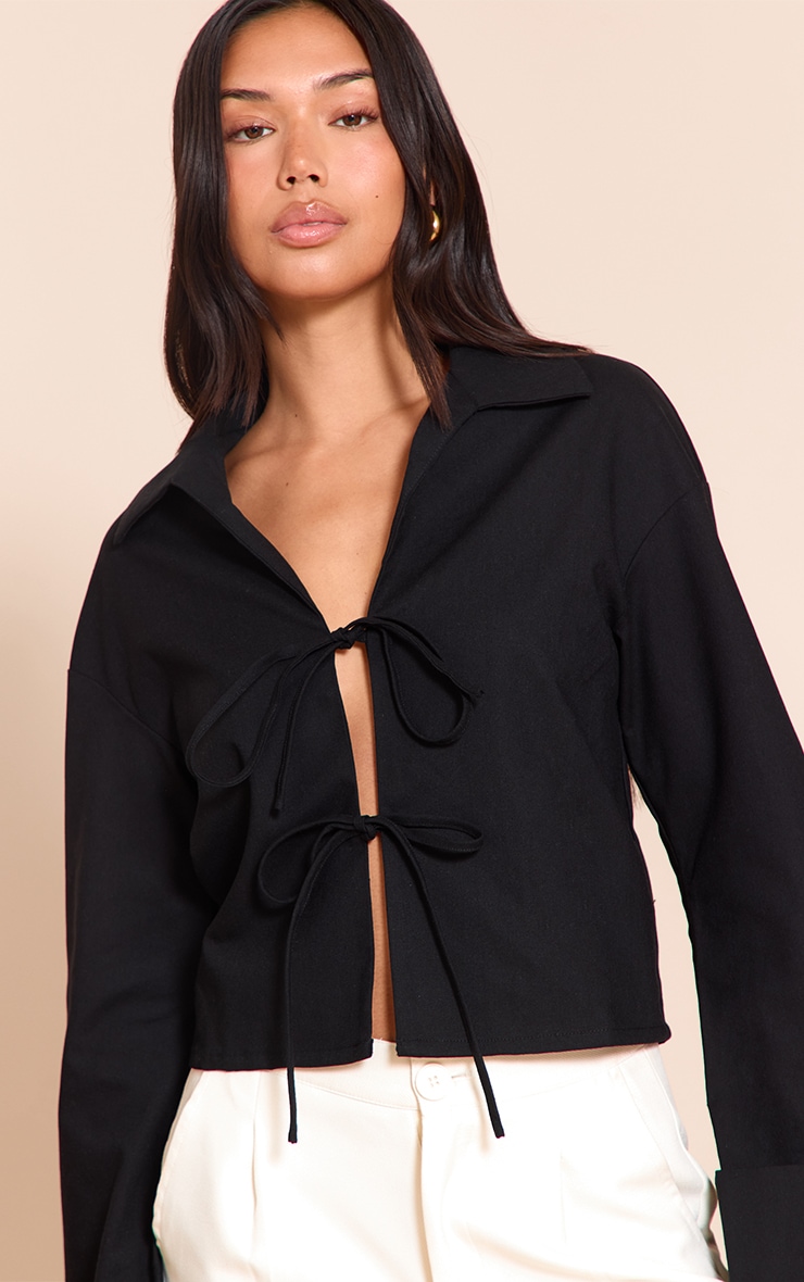 Linen Look Tie Front Structured Shirt image 1