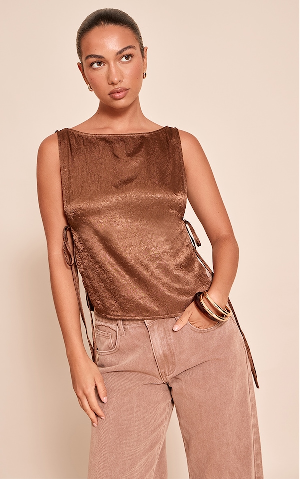 Chocolate Textured Satin Tie Side Long Top