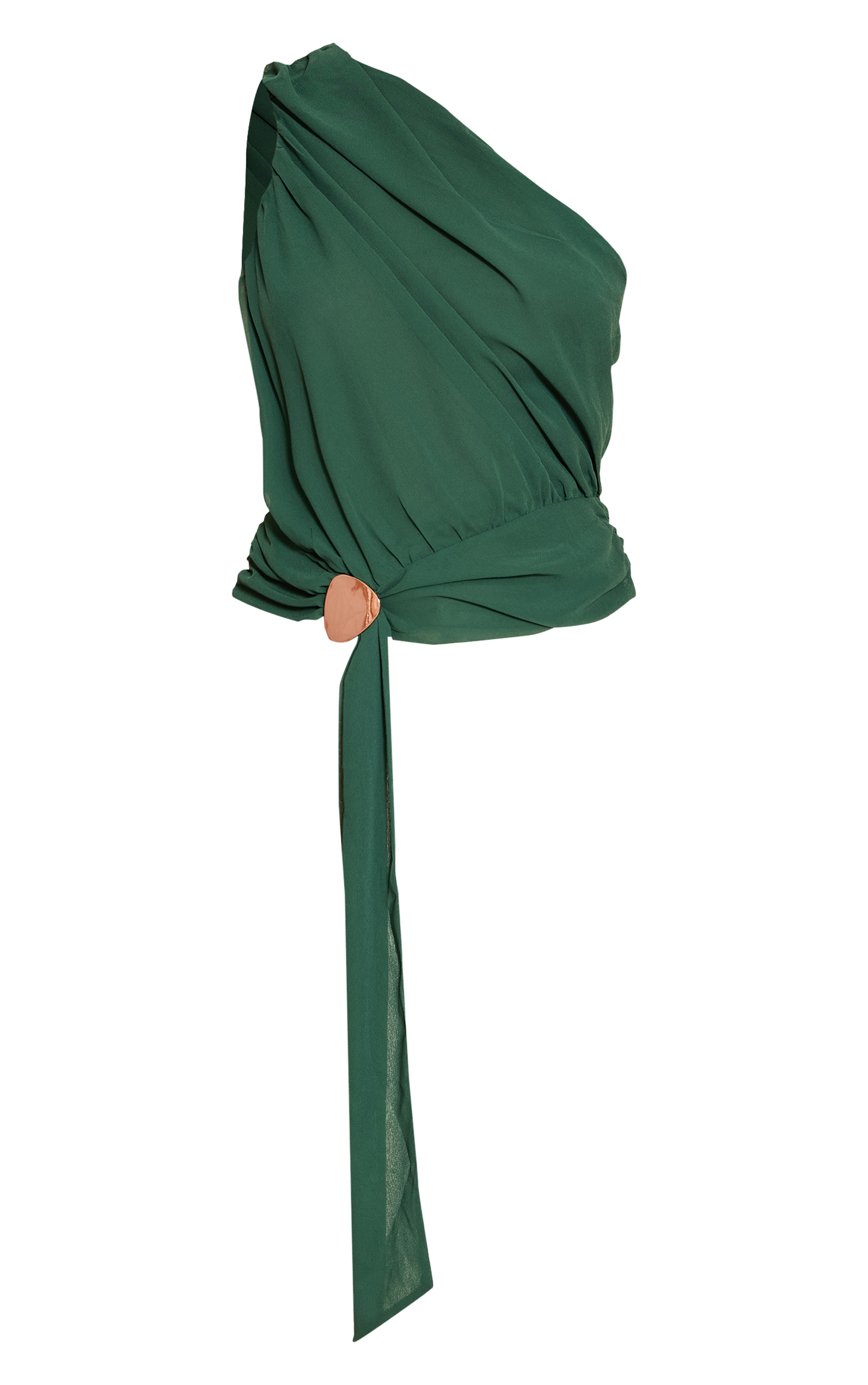 Forest Green Chiffon One Shoulder Ruched Trim Drape Top image 5