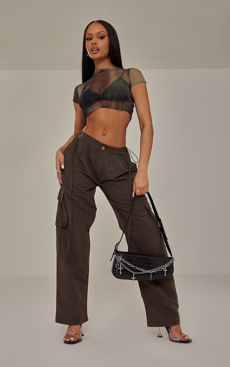 Khaki Print Mesh Crop Top image 3