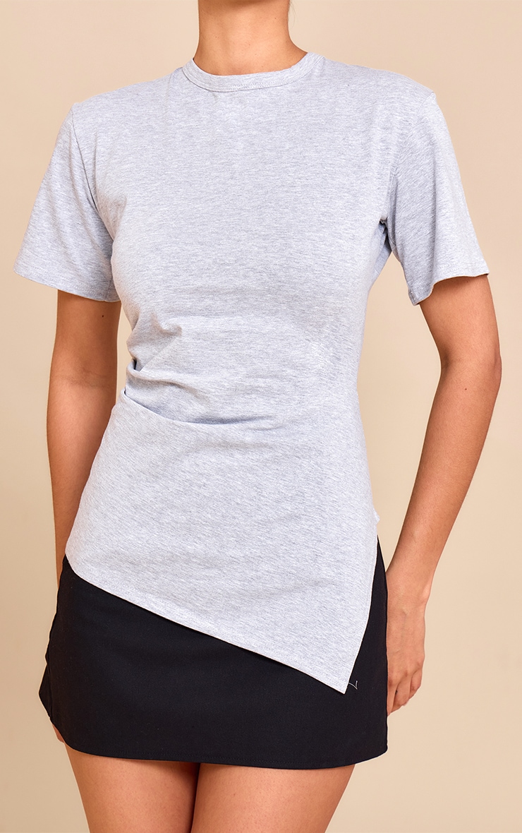 Grey Marl Cotton Ruched Side Asymmetric Hem T-shirt image 4