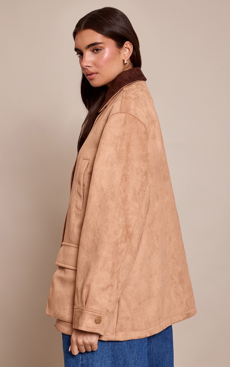 Camel Oversized Pocket Detail Contrast Collar Jacket image 2