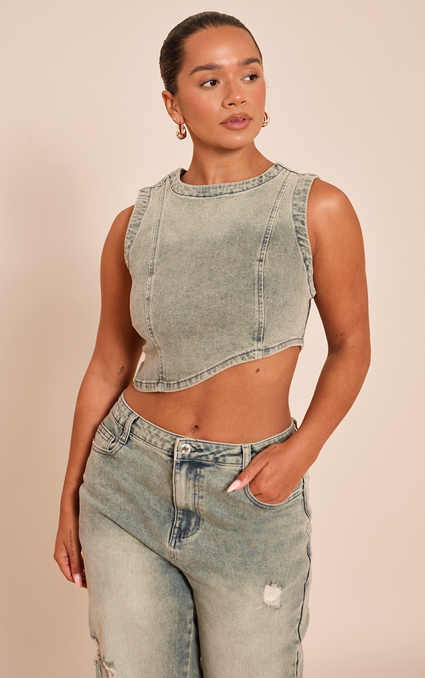 Shape Crop top asymétrique en jean stretch indigo vintage délavé