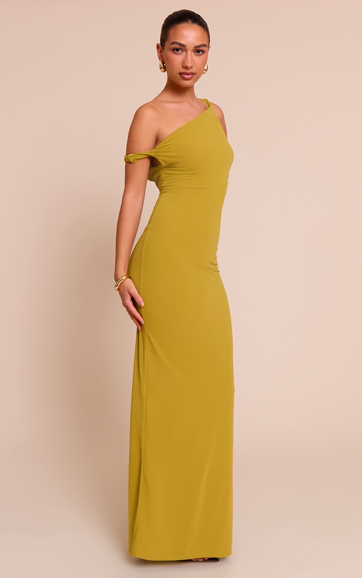 Robe longue asymétrique en mousseline de soie doublée vert olive image 3