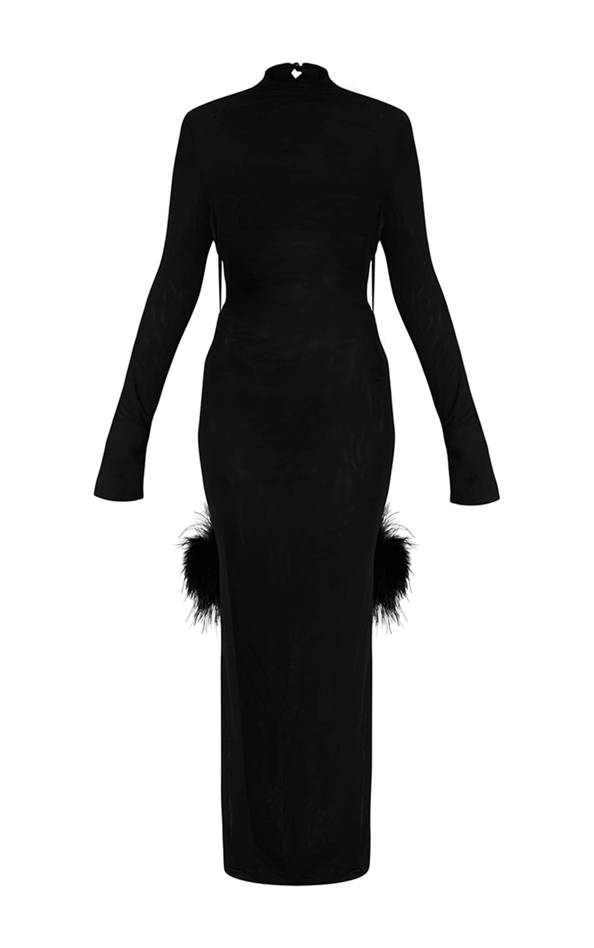 Premium Black Mesh Feather Pom Pom Open Back Maxi Dress image 7